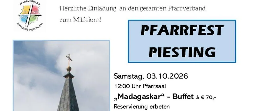 Ein Plakat für eine Veranstaltung in einer Kirche mit einem Turm, das ein Buffet, eine Hochzeitszeremonie und eine Weinprobe mit Vorspeisen am 3. Oktober 2026 ankündigt.