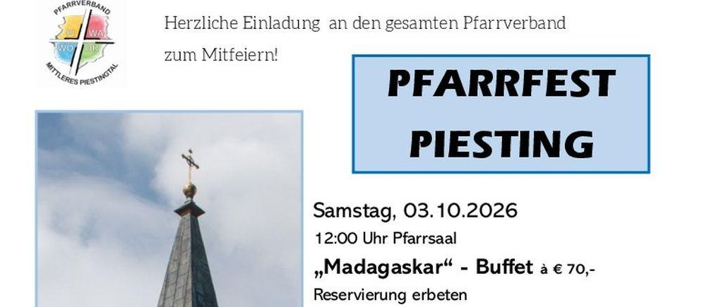 Ein Plakat für eine Veranstaltung in einer Kirche mit einem Turm, das ein Buffet, eine Hochzeitszeremonie und eine Weinprobe mit Vorspeisen am 3. Oktober 2026 ankündigt.