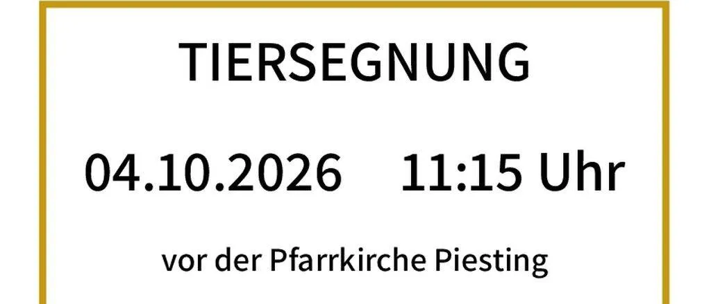 Plakat für Tiersegnungsevent am 4. Oktober 2026 um 11:15 Uhr, mit St. Franziskus und einem Wolf, alle Haustiere willkommen.