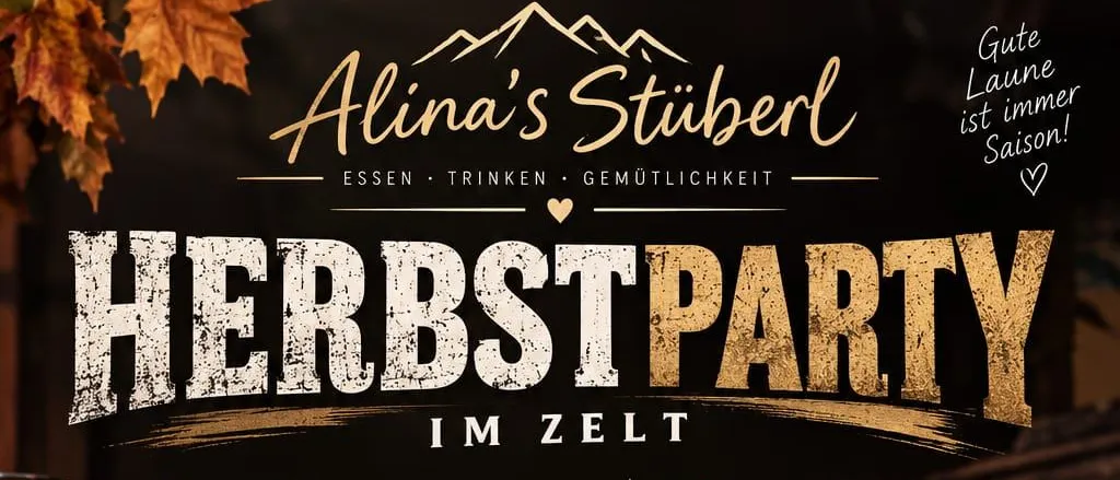 Ein Werbeplakat für die Herbst Party Veranstaltung am 16. Oktober 2026 mit einem gebratenen Schweinebraten, Würstchen, Brezen und einem Bierkrug. Die Veranstaltung beginnt um 18 Uhr.