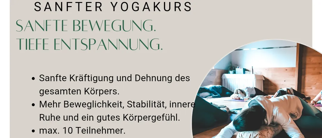 Ein Flugblatt für einen Yoga-Kurs mit Informationen über einen 4-Wochen-Kurs. Das Flugblatt enthält Informationen über die Kursdaten, Zeiten und den Ort. Es werden auch die Vorteile des Kurses erwähnt, wie sanfte Bewegungen, Entspannung und erhöhte Mobilität.
