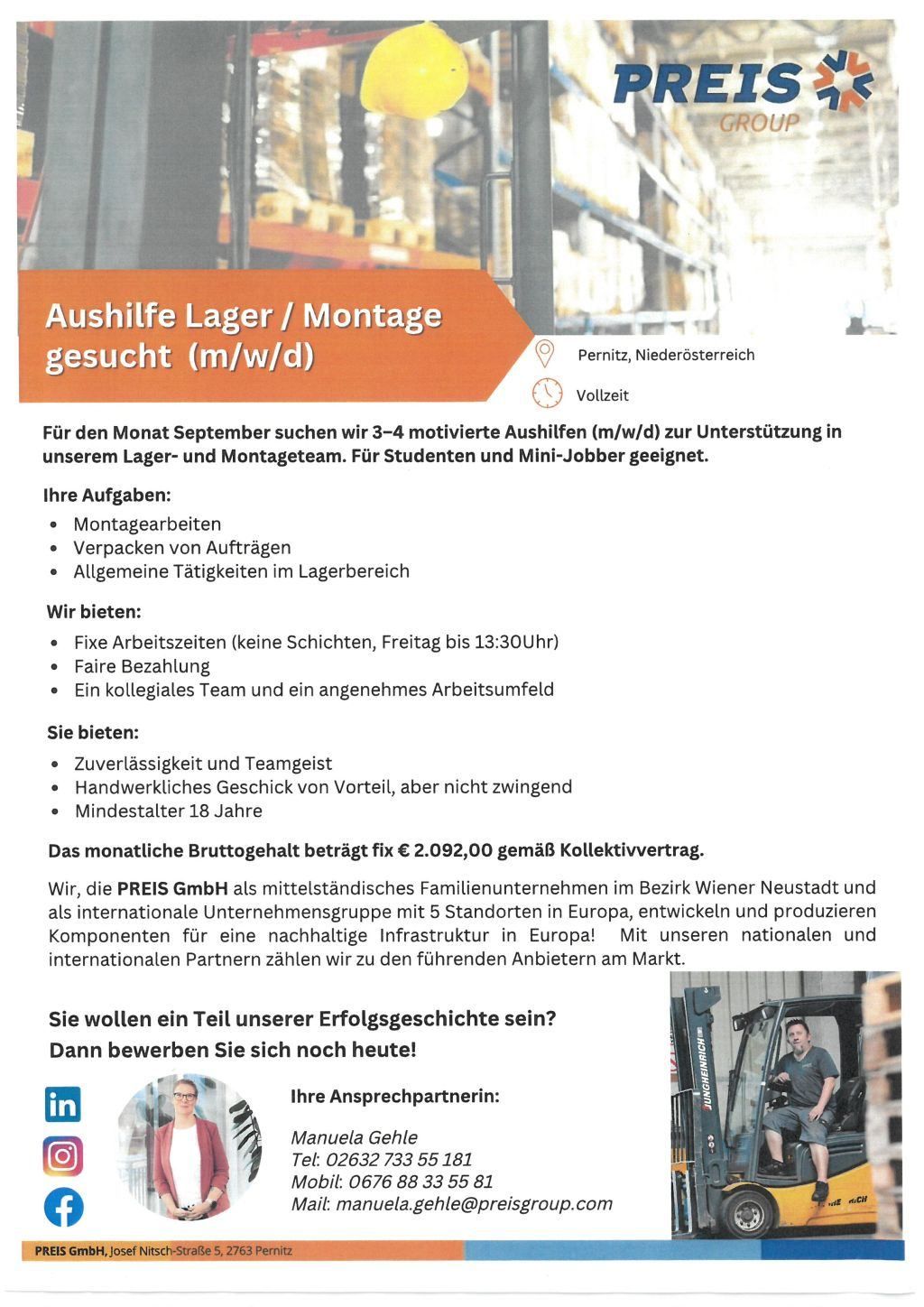 Stellenanzeige für Lager- und Montagehelfer in Pernitz, Niederösterreich. Vollzeit. Aufgaben umfassen Montagearbeiten, Verpackung und allgemeine Tätigkeiten im Lagerbereich. Vorteile sind feste Arbeitszeiten, fairer Lohn, ein freundliches Team und ein angenehmes Arbeitsumfeld. Anforderungen sind Zuverlässigkeit, Teamfähigkeit, handwerkliches Geschick und ein Mindestalter von 18 Jahren. Das monatliche Bruttogehalt beträgt etwa 2.092,00 Euro.