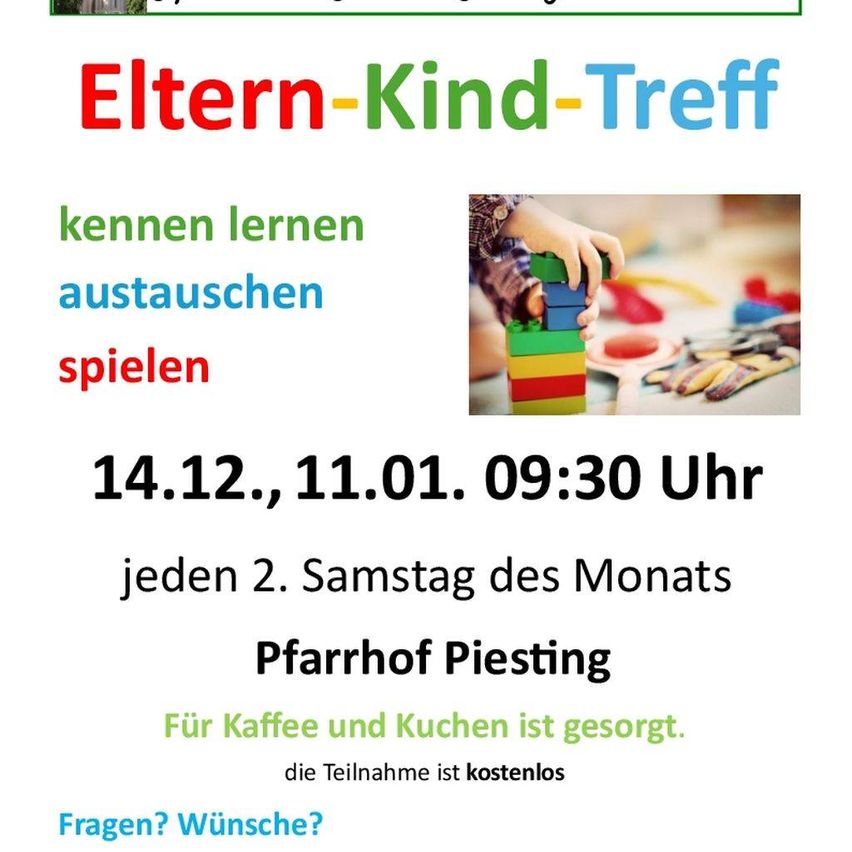 Ein Bild zeigt Details für ein Eltern-Kind-Treff, einschließlich Daten, Uhrzeiten, Ort und dass Kaffee und Kuchen bereitgestellt werden. Die Teilnahme ist kostenlos.