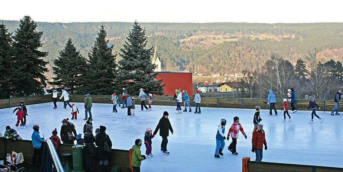 Mehrere Menschen skat auf einer Eisbahn im Freien, umgeben von Bäumen und einem Gebäude. Einige tragen Helme und Handschuhe, während andere von den Seitenlinien zusehen.