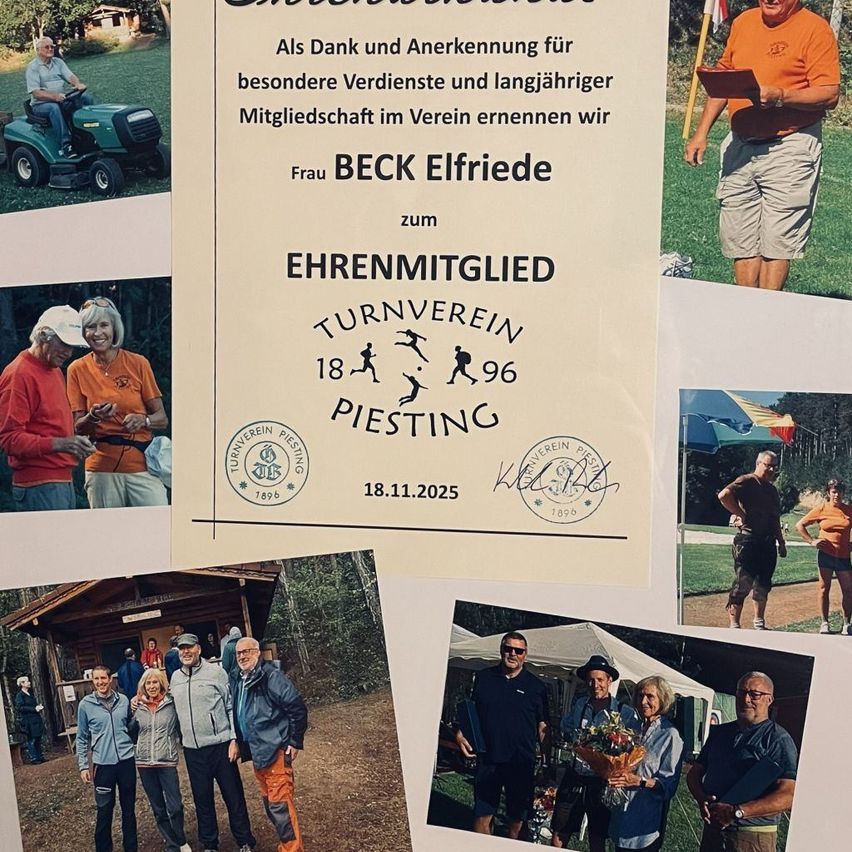 Eine Collage zeigt ein Ehrenzertifikat für Elfriede Beck, ein langjähriges Mitglied des Turnvereins 1896 Piesting. Es enthält Fotos eines Rasenmähers, einer Preisverleihungszeremonie und einer Gruppenaufnahme der Vereinsmitglieder.