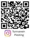 Ein schwarz-weißer QR-Code mit weißem Rand. Unter dem QR-Code stehen die Worte 'Turnverein Piesting'. Das Instagram-Logo ist ebenfalls vorhanden.
