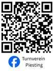 Ein schwarz-weißer QR-Code ist abgebildet, darunter befindet sich ein Facebook-Symbol und der Text 'Turnverein Piesting'.