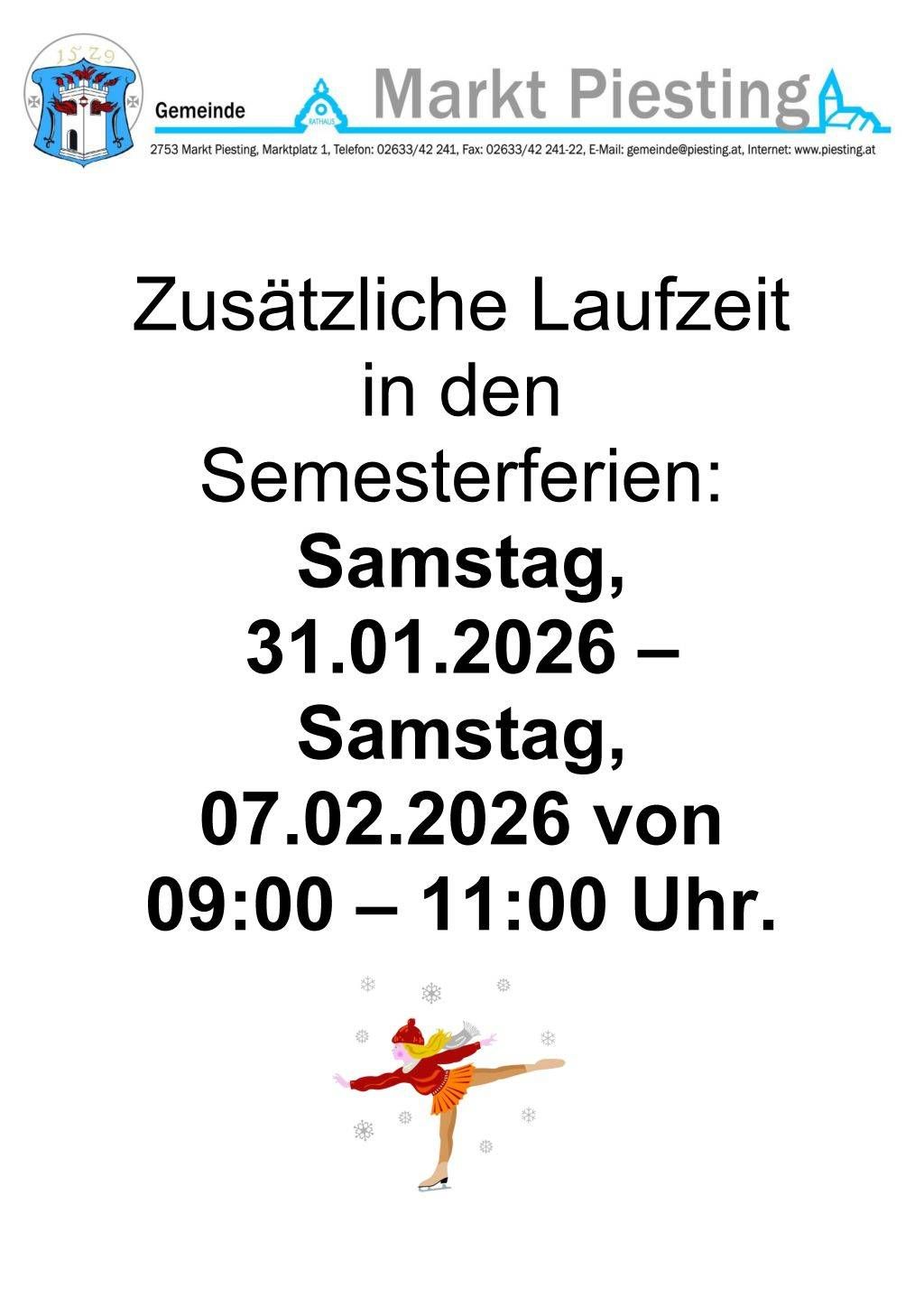Ein Bild zeigt die zusätzliche Laufzeit in den Semesterferien an Samstagen, 31.01.2026 und 07.02.2026, von 09:00 bis 11:00 Uhr. Eine Comic-Figur ist abgebildet.
