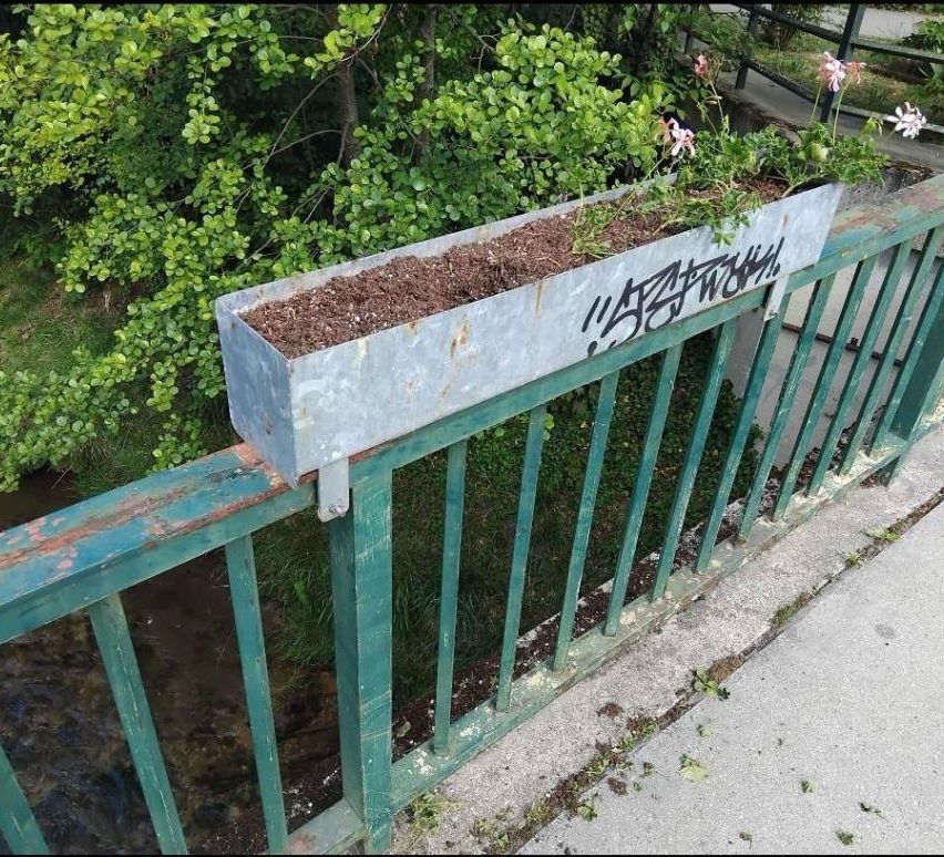 Ein Metallpflanzkasten mit Erde und Blumen steht auf einem grünen Geländer über einem Gewässer. Dahinter ist üppiges Grün und Bäume zu sehen.