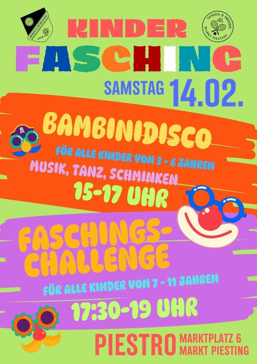 An event poster for Fasching with activities like Bambinidisco for kids aged 3-6 and Faschings Challenge for kids aged 7-11. Date is Saturday, February 14th.