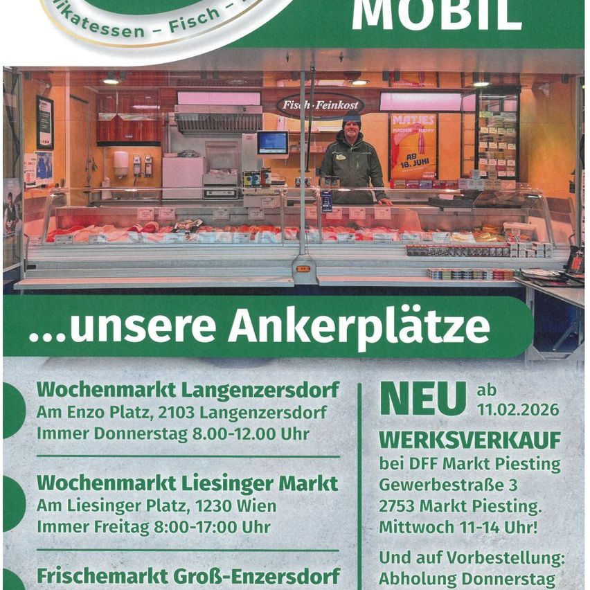 Poster for mobile meat market with a butcher at the counter. Lists weekly market locations and hours. Includes a new workplace sale announcement.