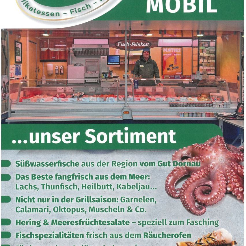 An advertisement for a fish market stall with a worker behind a display of seafood, including octopus, shellfish, and smoked fish. The stall is mobile and offers a variety of seafood.