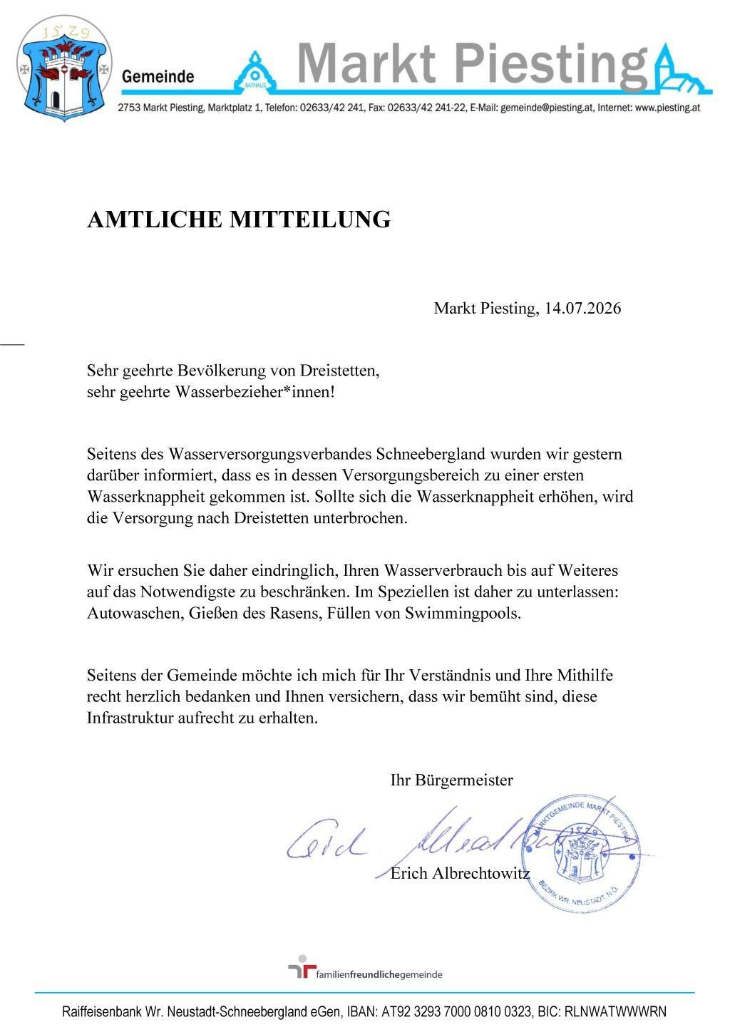 Official notice from the Schneebergland Water Supply Association dated July 14, 2026, addressing severe water shortage in Dreistetten. Residents are urged to reduce water consumption. The notice includes a signature from the mayor, Gerd Albrecht.