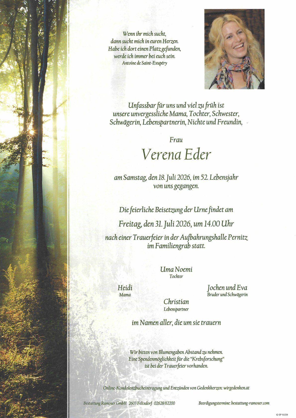 Gedenkkarte für Verena Eder, die am 18. Juli 2026 im Alter von 52 Jahren verstarb. Die Beisetzung findet am 31. Juli 2026 um 14:00 Uhr nach einer Trauerfeier in der Aufbahrungshalle Pernitz statt.