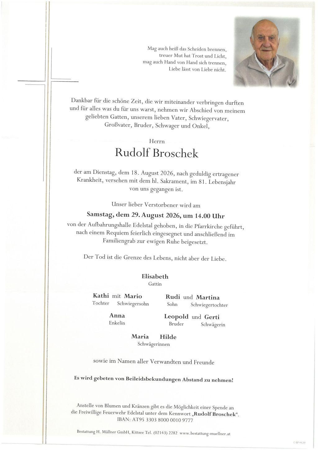 A funeral notice for Rudolf Broschek, who passed away on August 18, 2026, at 81. His funeral service is scheduled for August 29, 2026, at 2:00 PM. The service will take place at the Aufbahrungshalle Friedhof, followed by burial in the family grave.