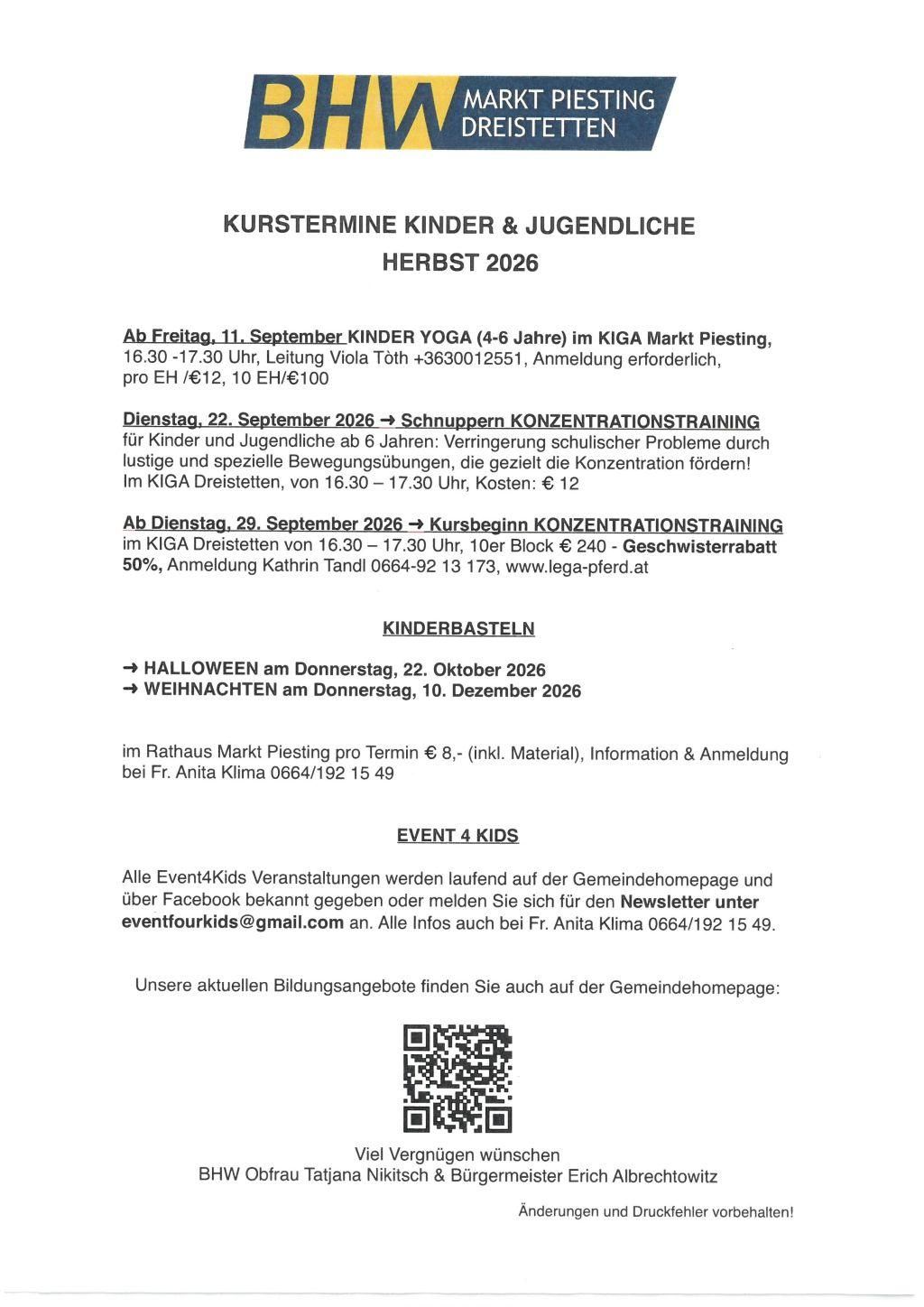 Ein Flyer für 'Kurstermine Kinder & Jugendliche Herbst 2026' listet verschiedene Veranstaltungen auf, darunter Kinder Yoga, Schnuppern Konzentrationstraining und Kinderbasteln. Auch Halloween und Weihnachtsveranstaltungen sind geplant. Informationen und Anmeldedetails werden bereitgestellt.