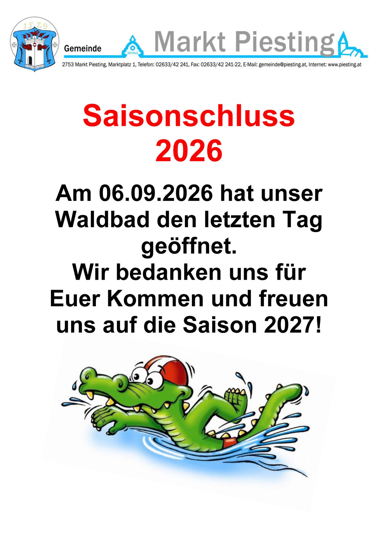 A poster announcing the closure of a forest bath on September 6, 2026, with a cartoon of a crocodile in the water. It thanks visitors and looks forward to the 2027 season.