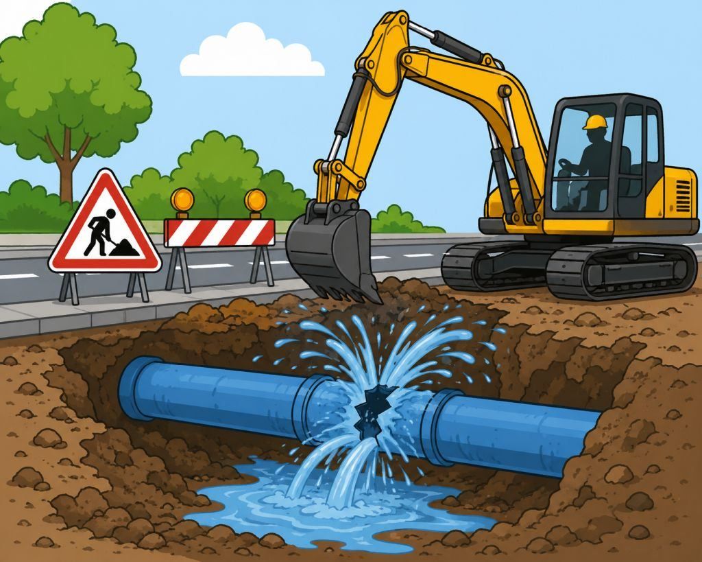 Eine Illustration zeigt einen Bagger, der eine Straße ausgräbt und eine Wasserleitung trifft, wodurch Wasser austritt.