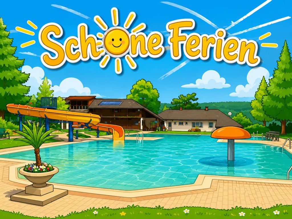 An animated illustration of a swimming pool with a yellow slide, a mushroom-shaped object in the water, and a house in the background with the text 'Schone Ferien' above.