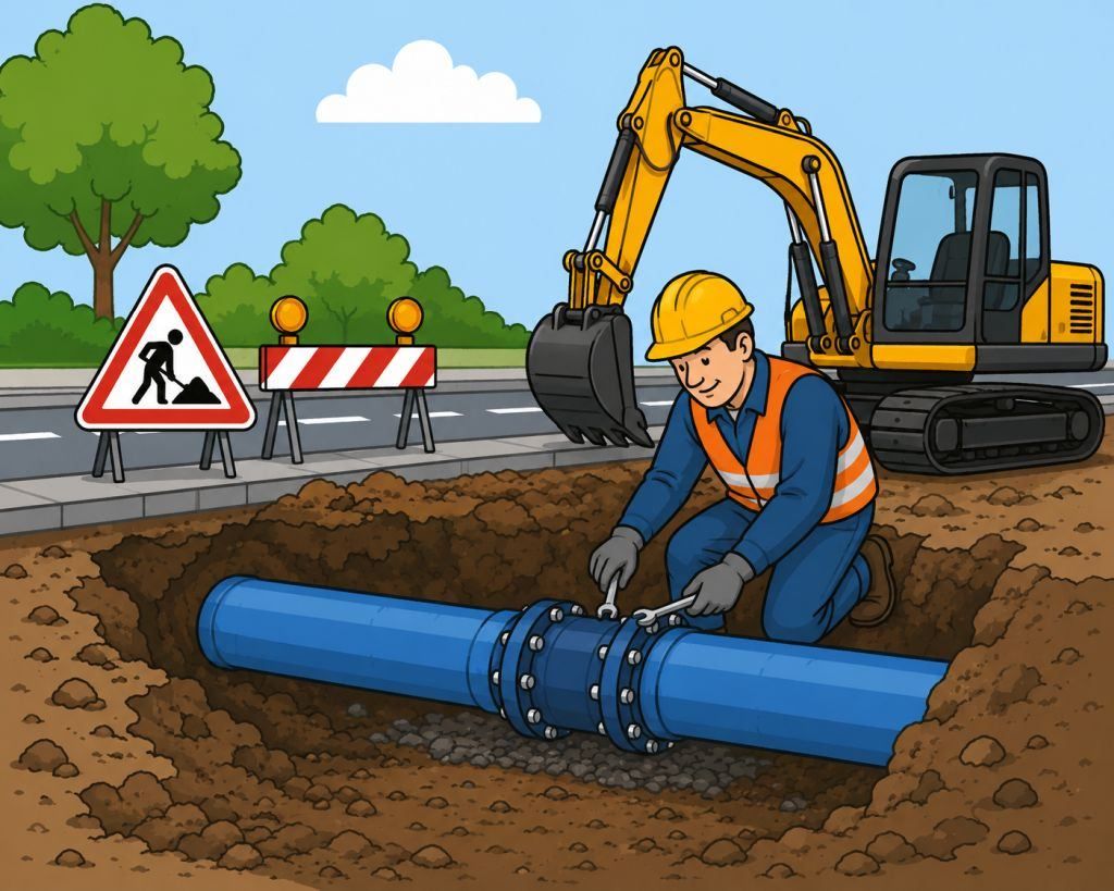 A man is installing a blue pipe in the ground. Behind him is a yellow excavator. There is a construction sign and traffic cones on the side of the road.