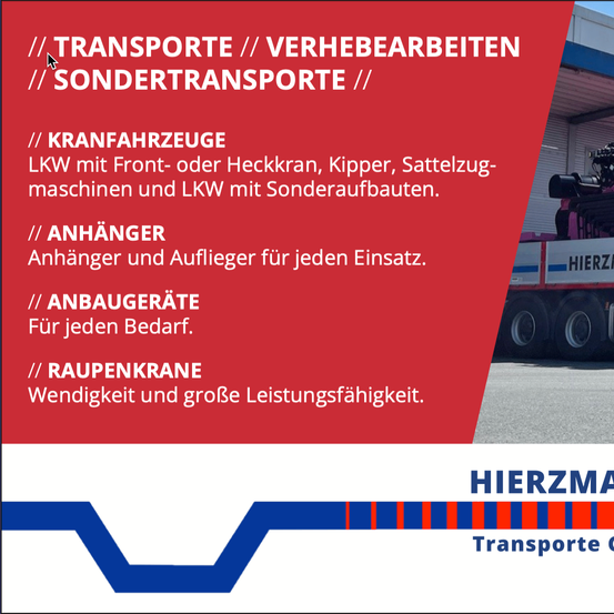 Werbung für Herzmann Transport GmbH zeigt einen roten LKW mit montiertem Kran. Der Text betont die Bereitschaft des Unternehmens für jede Aufgabe. Ein QR-Code ist ebenfalls vorhanden.