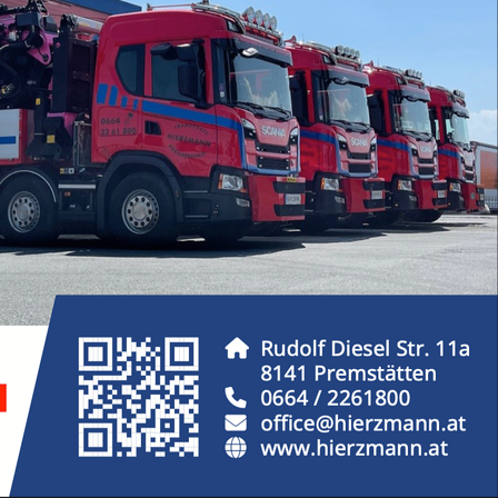 Werbung für Hieermann Transporte GmbH mit einem großen roten LKW mit Ausrüstung, die ihre Fähigkeit für verschiedene Aufgaben betont.