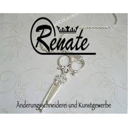 Das Logo für Renate, ein Unternehmen, das sich auf Änderungsschneiderei und Kunstgewerbe spezialisiert hat, zeigt eine silberne Schere an einer Kette. Der Hintergrund ist weiß mit dekorativen Schwüngen.
