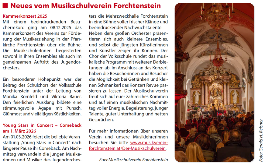 Die Mehrzweckhalle Forchtenstein verwandelt sich am 08.12.2025 in eine Bühne voller frischer Klänge und beeindruckender Nachwüchse. Neben dem großen Orchester präsentieren sich auch kleinere Ensembles und junge Künstler. Der Chor ergänzt das musikalische Programm mit weiteren Darbietungen. Nach dem Konzert können die Besucher bei Getränken und kleinen Häppchen das Konzert Revue passieren lassen. Der Chor unter der Leitung von Viktoria Bauer bietet einen Punsch mit Gebäck und Süßigkeiten an.