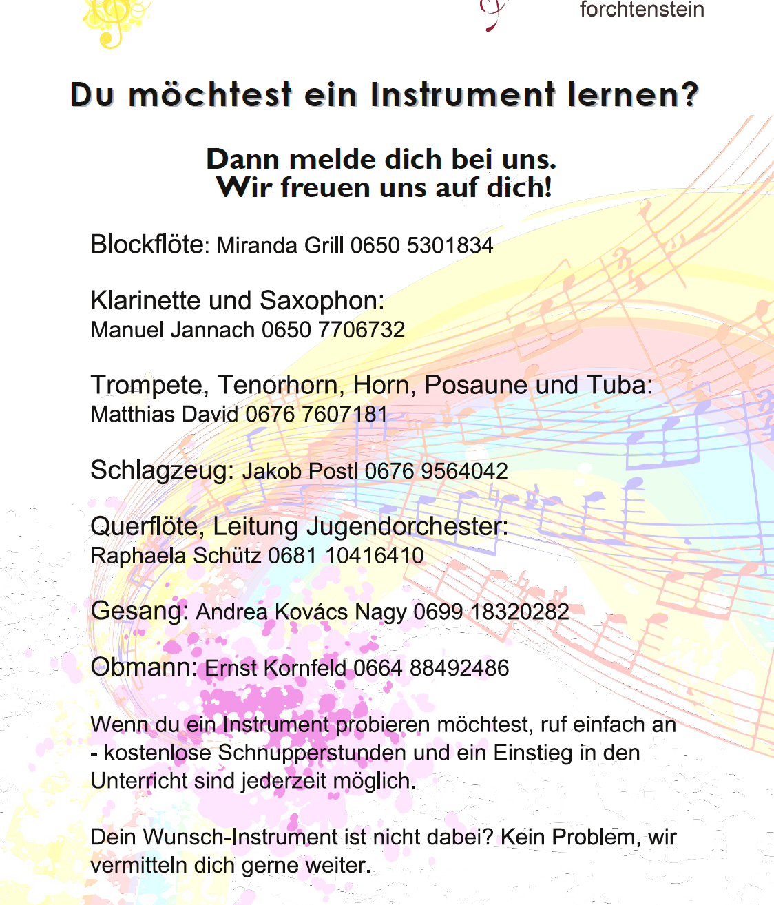 Das Bild zeigt eine musikalische Anzeige, die Unterricht für verschiedene Instrumente anbietet. Es listet Lehrer für unterschiedliche Instrumente mit Kontaktdaten auf. Die Anzeige lädt Einzelpersonen zu kostenlosen Probestunden und Anmeldungen ein. Es wird auch erwähnt, dass es kein Problem ist, wenn das gewünschte Instrument nicht aufgelistet ist.
