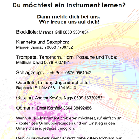 Das Bild zeigt eine musikalische Anzeige, die Unterricht für verschiedene Instrumente anbietet. Es listet Lehrer für unterschiedliche Instrumente mit Kontaktdaten auf. Die Anzeige lädt Einzelpersonen zu kostenlosen Probestunden und Anmeldungen ein. Es wird auch erwähnt, dass es kein Problem ist, wenn das gewünschte Instrument nicht aufgelistet ist.