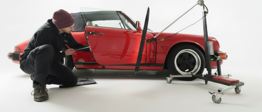 Ein Mann mit Mütze und Turnschuhen kniet neben einem roten Auto, möglicherweise arbeitet er daran. Das Auto steht auf einer weißen Oberfläche, und die Autotür ist geöffnet.