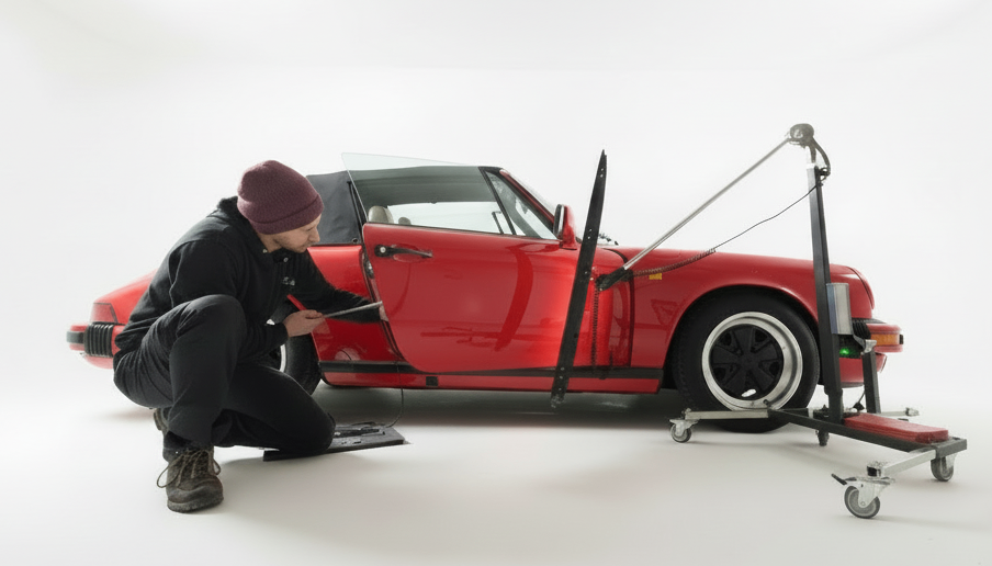 Ein Mann in einer Mütze und schwarzer Kleidung kniet neben einem roten Auto, möglicherweise arbeitet er daran. Das Auto steht auf einem weißen Boden mit einem Metallständer.