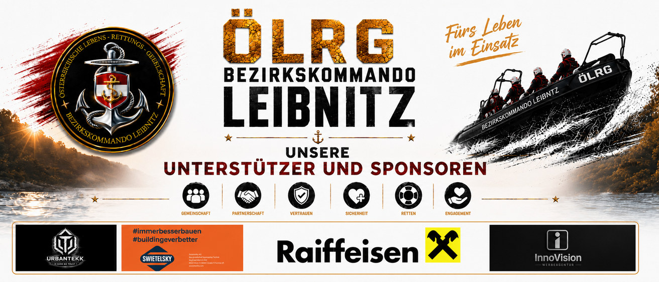 Werbeposter für OLRG Bezirkkommando Leibnitz. Sponsoren und Unterstützer sind mit Logos und Text aufgeführt. Raiffeisen und X sind unter den Sponsoren.