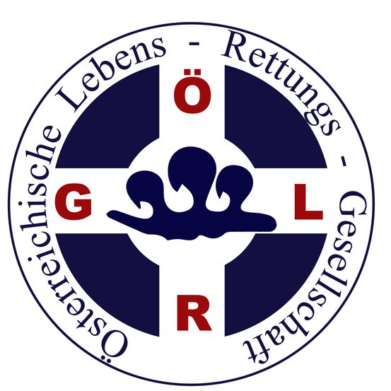 Das Logo der Deutschen Lebens-Rettungs-Gesellschaft zeigt ein rotes Kreuz, ein Handsymbol und die Buchstaben 'G', 'R' und 'L'. Der Text lautet 'Deutsche Lebens-Rettungs-Gesellschaft'.