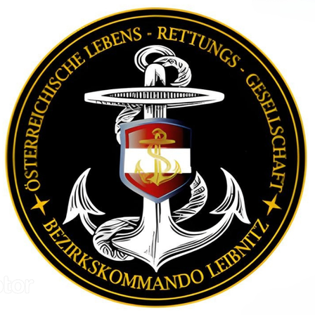 Ein kreisförmiges Emblem mit den Worten 'Österreichische Lebens-Rettungs-Gesellschaft' um einen Anker und ein Schild mit einem Dollarzeichen. Sterne befinden sich oben und unten.
