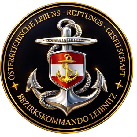 Das Emblem der Österreichischen Lebensrettungsgesellschaft zeigt einen Anker mit einem Schild in der Mitte. Der Schild hat einen goldenen Anker und einen roten Hintergrund mit einem weißen Streifen. Die Worte 'Österreichische Lebens-Rettungs-Gesellschaft' sind um den Schild herum geschrieben.