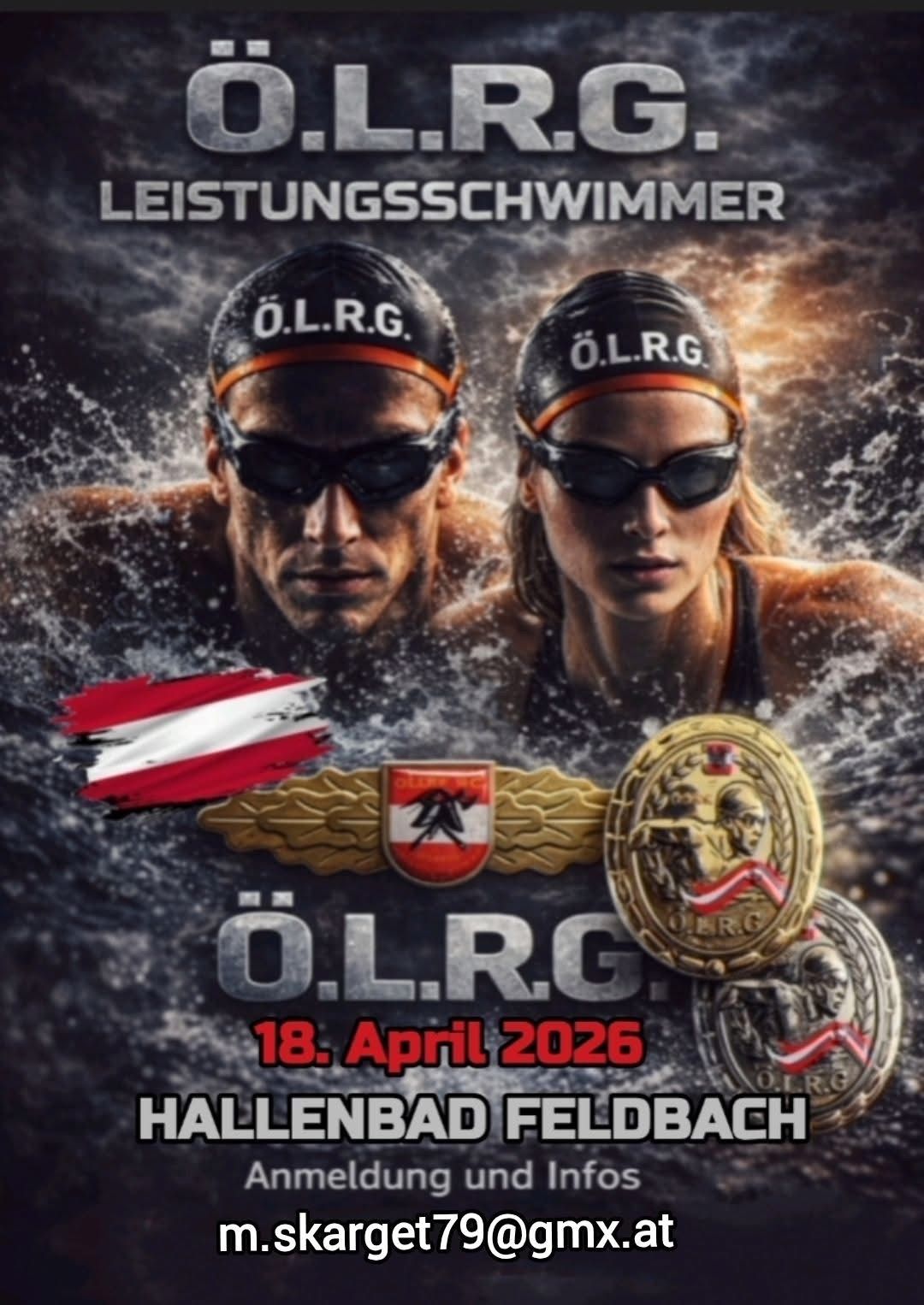 Plakat mit zwei Schwimmern in schwarzen Mützen mit O.L.R.G. darauf, umgeben von Medaillen und Flaggen. Das Datum ist der 18. April 2026.