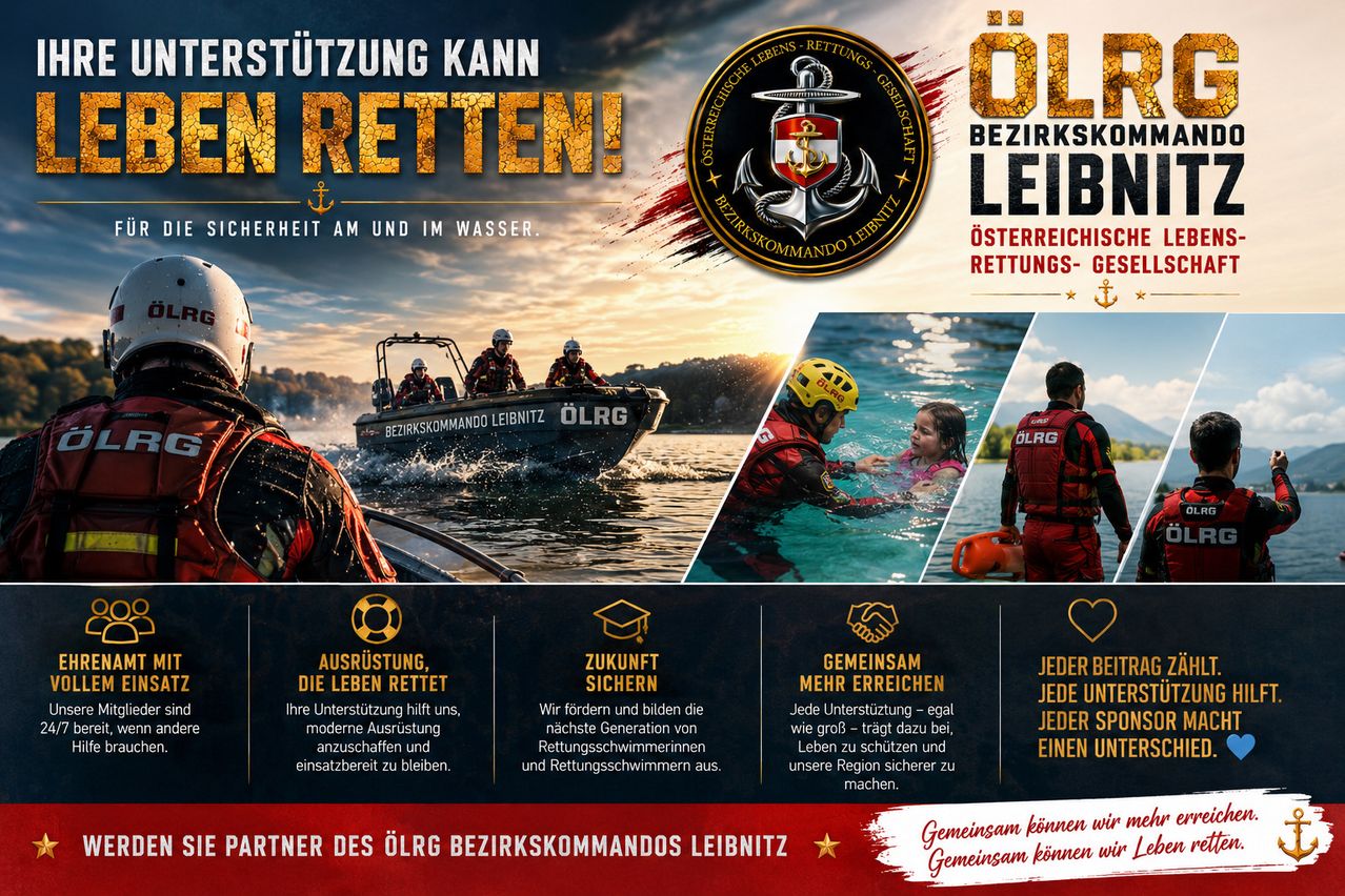 Ein Werbeplakat für das Österreichische Lebensrettungskorps. Es zeigt ein Boot, eine Person im Wasser und Text über Wassersicherheit. Es enthält Logos und einen Aufruf zur Unterstützung der Organisation.