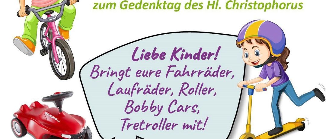 Ein Einladungsposter für einen Familiengottesdienst mit Kinderfahrzeugsegnung am 27. Juli 2025 um 9 Uhr. Kinder werden eingeladen, ihre Fahrräder, Laufräder, Roller und Bobby Cars mitzubringen.