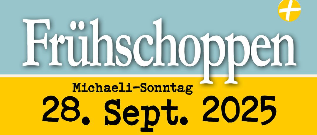 Ein blauer und gelber Banner mit weißem Text, der 'Michaeli-Sonntag 20 Sept. 20' in einer stilisierten Schriftart sagt. Der Banner ist vor einem blauen Hintergrund.