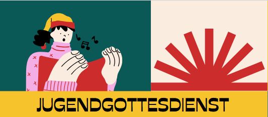 Eine Illustration zeigt eine Person in Winterkleidung, die in ein Mikrofon singt. Rechts ist ein rotes Sonnenmuster zu sehen. Darunter steht der Text 'JUGENDGOTTESSDIENST'.