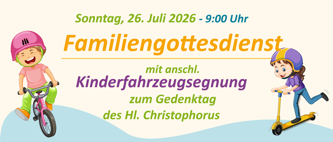Plakat für eine religiöse Veranstaltung am 26. Juli 2026 um 9:00 Uhr mit einer Prozession von Fahrzeugen zu Ehren des Heiligen Christophorus.