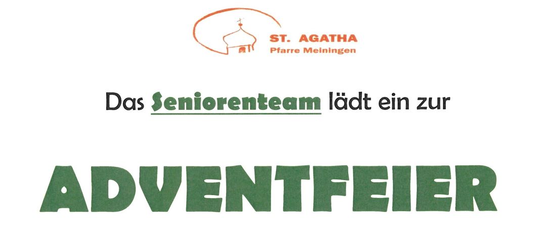 Plakat zur Adventfeier, 18. Dezember 2025, um 14:30 Uhr, im Pfarrhof Meiningen. Musikalisch umrahmt von Madelin Fleisch und Hannah Schweiger. Anmeldungen bis 12. April 2025 möglich.