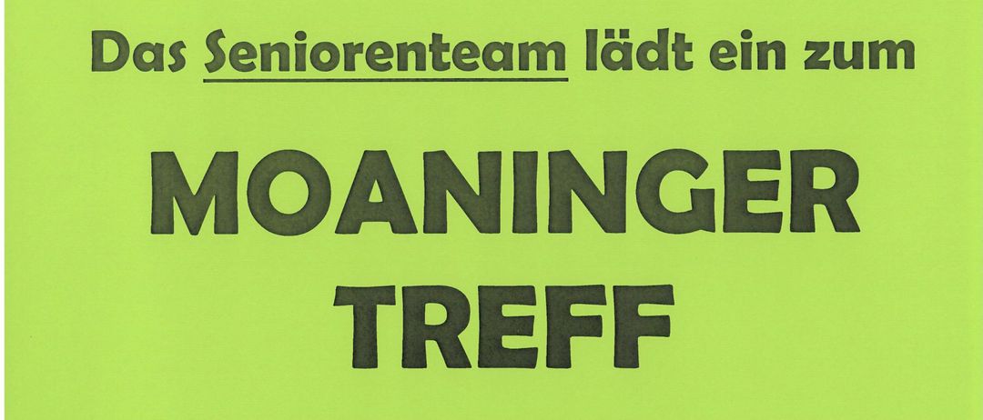Plakat für den Moaninger Treff des Seniorenteams, geplant für Donnerstag, 19. März 2026, um 14:30 Uhr im Pfarrhof Meiningen, mit 4/4 plus Tanzmusik.
