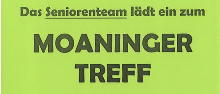 Plakat für den Moaninger Treff des Seniorenteams, geplant für Donnerstag, 19. März 2026, um 14:30 Uhr im Pfarrhof Meiningen, mit 4/4 plus Tanzmusik.