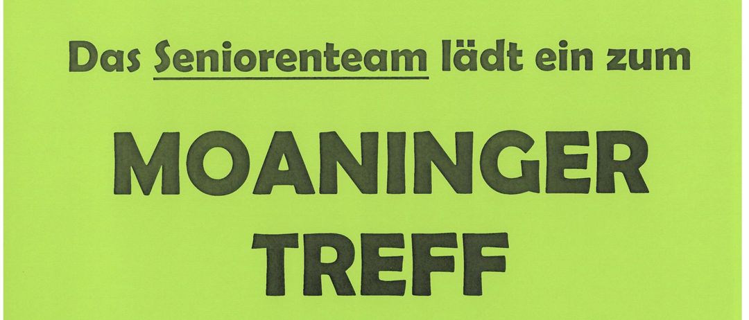 Plakat für eine Seniorenteam-Veranstaltung mit dem Titel 'Moaninger Treff' am Donnerstag, 19. März 2026 um 14:30 Uhr im Pfarrhof Meiningen, mit Musik von '4/4 plus Tanzmusik' (traditionelle Volksmusik).