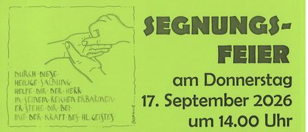 A poster for a blessing ceremony on September 17, 2026, at 2 PM in the Pfarrkirche Meiningen, featuring a musical event with Walgaustimmen and a gathering for coffee and cake in the Pfarrhof.