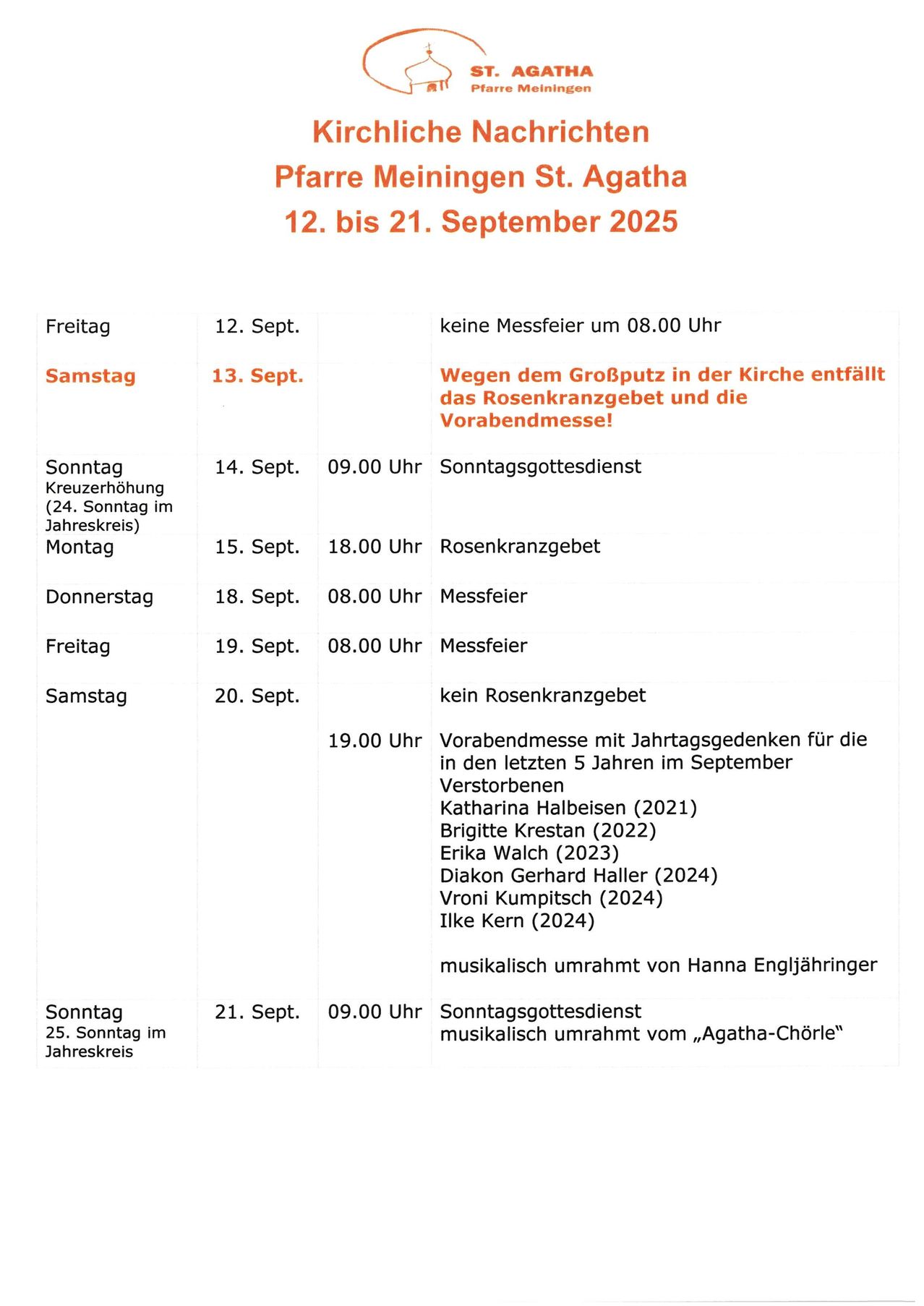 Zeitplan vom 12. bis 21. September 2025. Beinhaltet Sonntagsmesse, Rosenkranzgebet, Messfeier und einen besonderen Vespergottesdienst. Details zu Veranstaltungen und Zeiten.