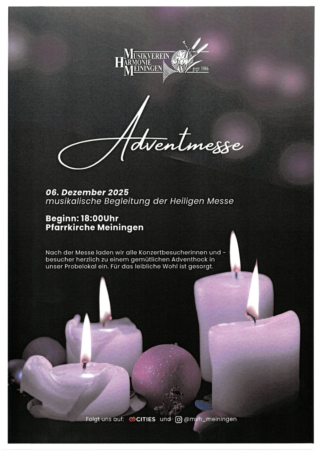 Plakat für eine Adventmesse in Meiningen am 06. Dezember 2025 um 18:00 Uhr. Musikalische Begleitung der Heiligen Messe. Besucher herzlich zu einem gemütlichen Adventstreffen in unser Pfarrsaal eingeladen.