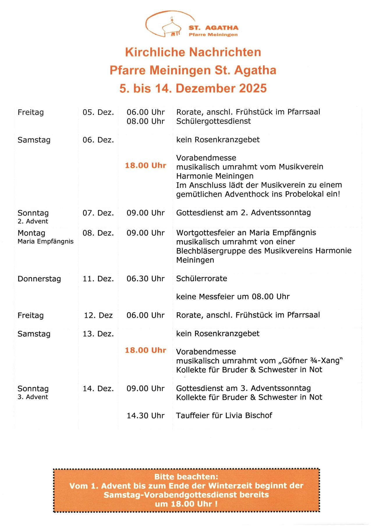 Das Bild zeigt einen Zeitplan vom 5. bis 14. Dezember 2025. Es enthält Veranstaltungen wie Sonntagsgottesdienste, Abendmessen und besondere Ereignisse wie die Adventkerzenfeier. Jede Veranstaltung ist mit Datum, Uhrzeit und einer kurzen Beschreibung aufgeführt.